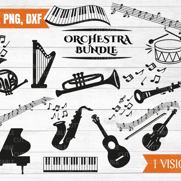 Orchestra SVG bundle, instruments and notes cut files, piano, sax, guitar, violin, horn, drum, harp, clarinet svgs, silhouette, svg,dxf,png