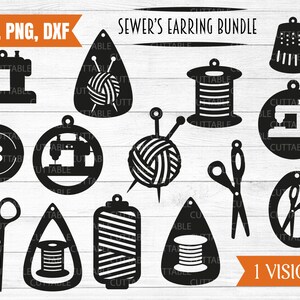 Sewer'svg Ohrringe, 14 Schnittdatei, Nähanhänger, Dekorationen, Nähmaschine, Schere, Wolle, Baumwollrolle, Knopf, Fingerhut, kommerical use