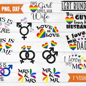 Bundle svg LGBT, fichier de coupe gay, lesbienne, bi, trans, coeurs d'amour arc-en-ciel, citations et symboles de la fierté gay. couper des fichiers pour cricut, + symboles LGBTQ+