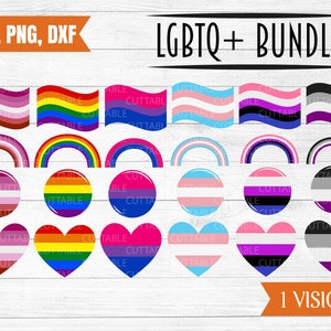 Bundle LGBTQ + SVG, Drapeaux de la fierté, Cœurs, badges, arcs-en-ciel, symboles de la fierté, design de t-shirt gay, utilisation commerciale cricut, silhouette svg, dxf, png