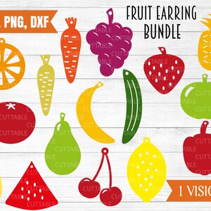 Orecchini o decorazioni di frutta svg, 16 file tagliati di frutta e verdura, mela, pera, ciliegia, limone, melone, arancia, fragola per cricut, uso commerciale