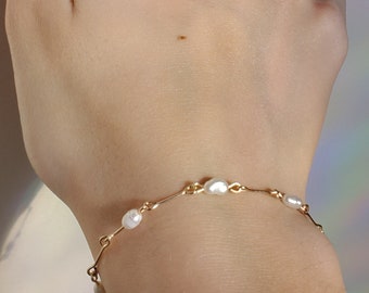 Dainty Golden Wire Bracelet with White Pearl Beads, Handmade, Eco-friendly package
