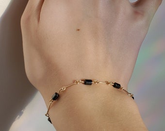 Dainty Gold Wire Bracelet with Black Hematite Healing Beads, Handmade, Eco-friendly Package