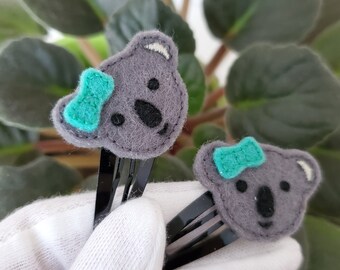 Felt Koala Hairpins with Aqua Bows - Cute Hair Accessories
