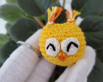 Knitted Yellow Owl Keychain, Eco-Friendly Gift