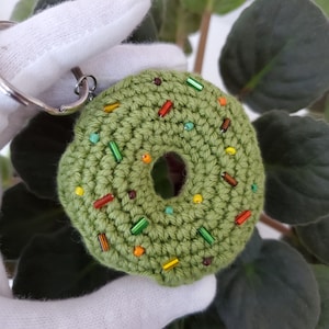 Hand crafted crochet pistachio vanilla donut keychain/keyring in 100% compostable package