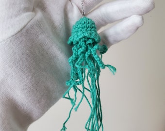 Crochet Jellyfish Keychain, Aqua Green Handmade Keyring, Eco-Friendly Package