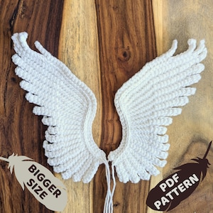 May include: White crocheted angel wings with a feather design and the text "Bigger Size" and "PDF Pattern".
