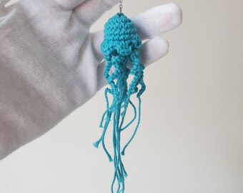Crochet Jellyfish Keychain, Ocean Blue Handmade Keyring, Eco-Friendly Package