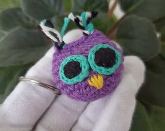 Knitted Purple Owl Keychain, Eco-Friendly Package