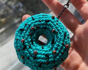 Hand Crafted Crochet Mint Chocolate Donut keychain/ Doughnut keyring