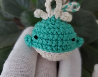 Knitted Aqua Blue Whale Keychain, Eco-Friendly Package