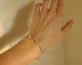 Dainty Golden Wire Bracelet, Clear Crystal Beads, Handmade, Eco-friendly Package