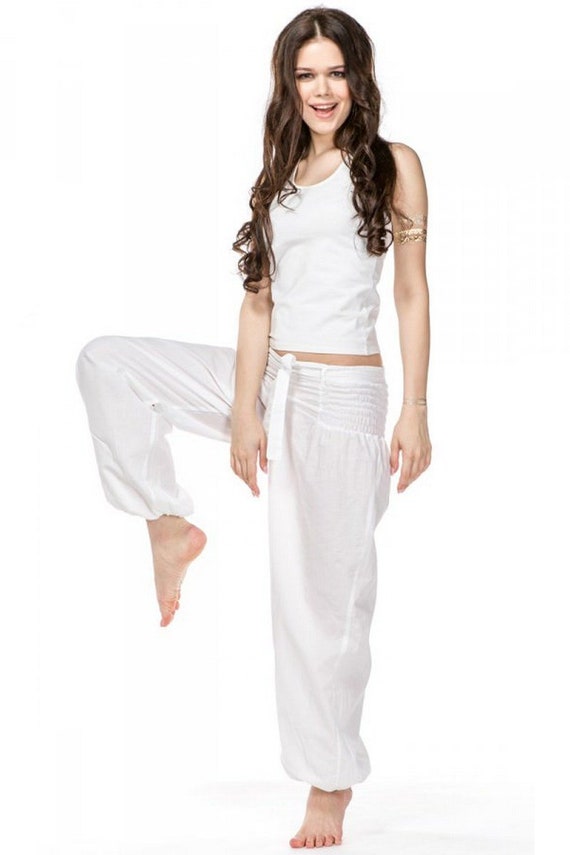 Women white cotton yoga pants 