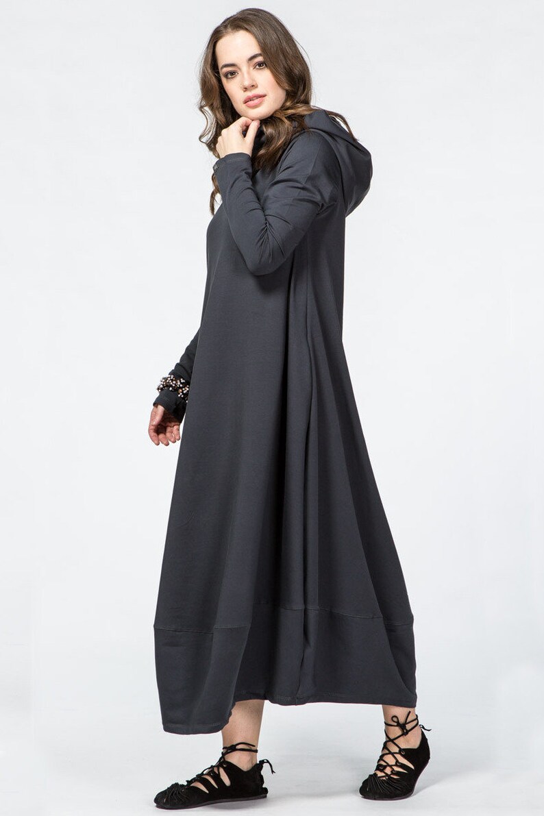 Maxi hooded boho kaftan dress Women Loose warm long gray | Etsy