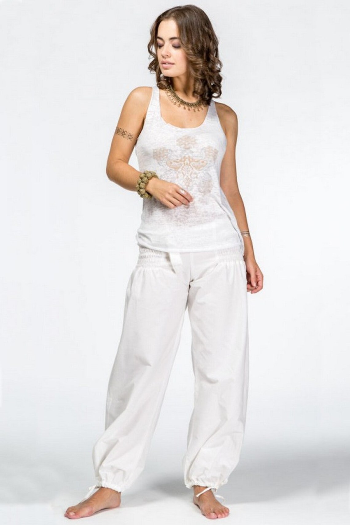 Women white cotton yoga pants Comfortable casual festival Gym Etsy