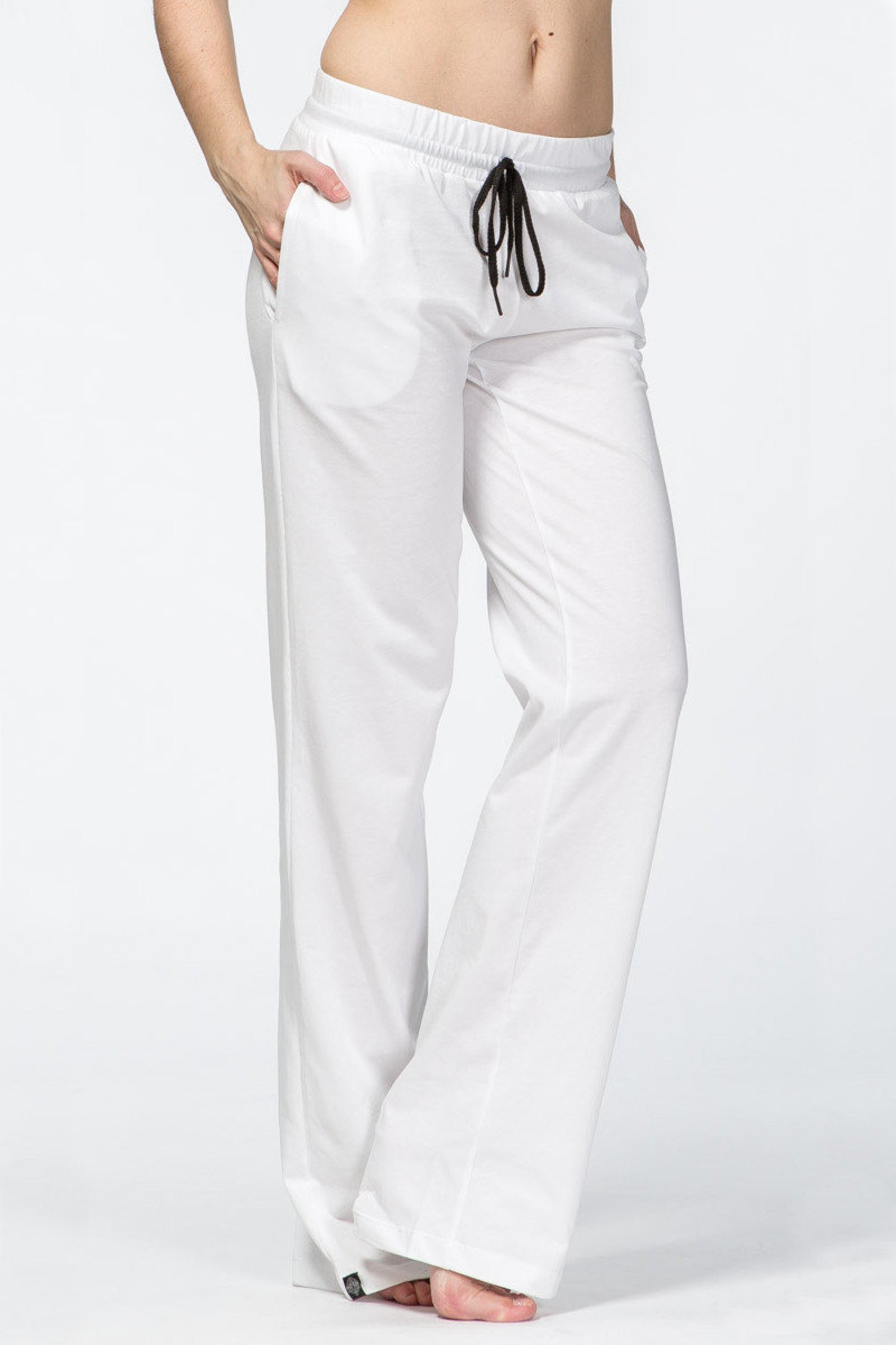 White cotton women yoga pants Boho Trousers Wide Leg Pants Etsy