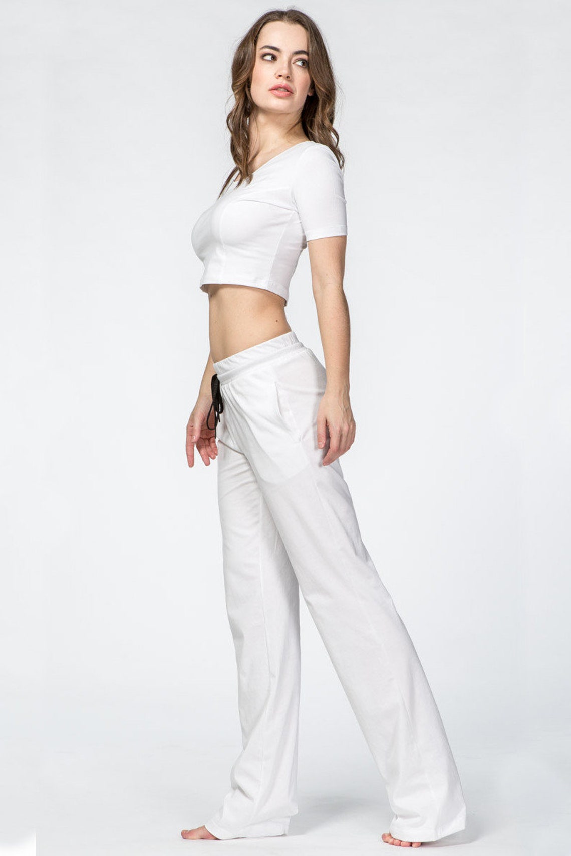 White cotton women yoga pants Boho Trousers Wide Leg Pants Etsy