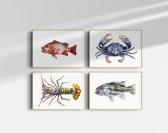 Bundle Set of 4 Coastal Sea Life Art Prints