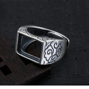 1pc Adjustable Vintage Style Thai Silver Ring Blank, Rectangle Cabochon Ring Setting (JT020)