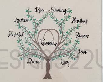 Heart Family Tree Digitized Machine Embroidery Design fully embroidered with heart shaped centre, for family name, no wording 6x8 hoop
