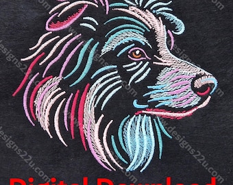 Neon Colour Border Collie dog head light density Digitised Machine Embroidery Design fits 5x7 inch hoop Digital Download Bright Rainbow