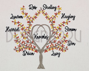 Heart Family Tree Digitized Machine Embroidery Design fully embroidered with heart shaped centre, for family name, no wording 5x7 hoop