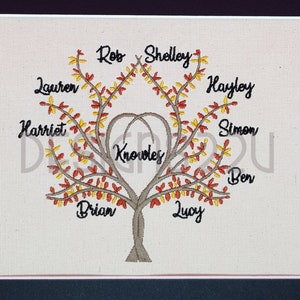 Heart Family Tree Digitized Machine Embroidery Design fully embroidered with heart shaped centre, for family name, no wording 5x7 hoop