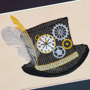 Steampunk Hat Raw Edge Digitized Machine Embroidery Design Digital Download Victoriana HG Wells riding top hat clock cogs feathers 5x7