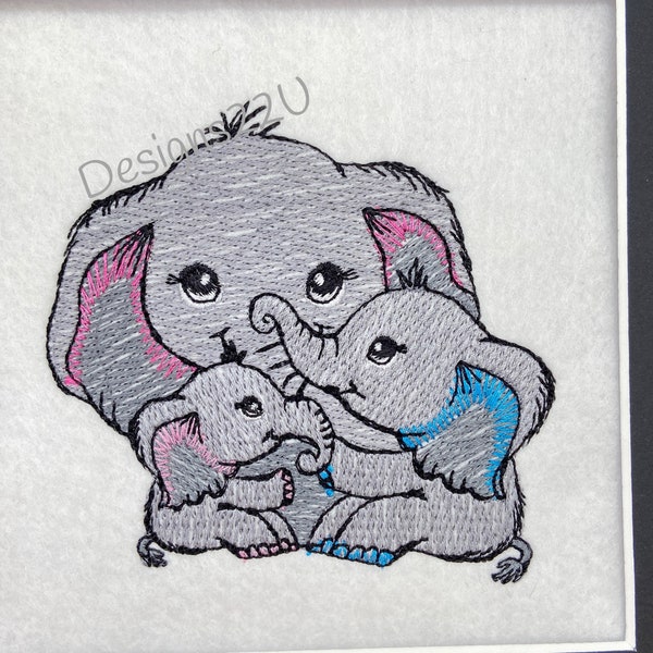 Adult Elephant with 1 or 2 children Digitized Machine Embroidery Design change colours to match gender Mum & Dad gift Great decor 5x7 hoop