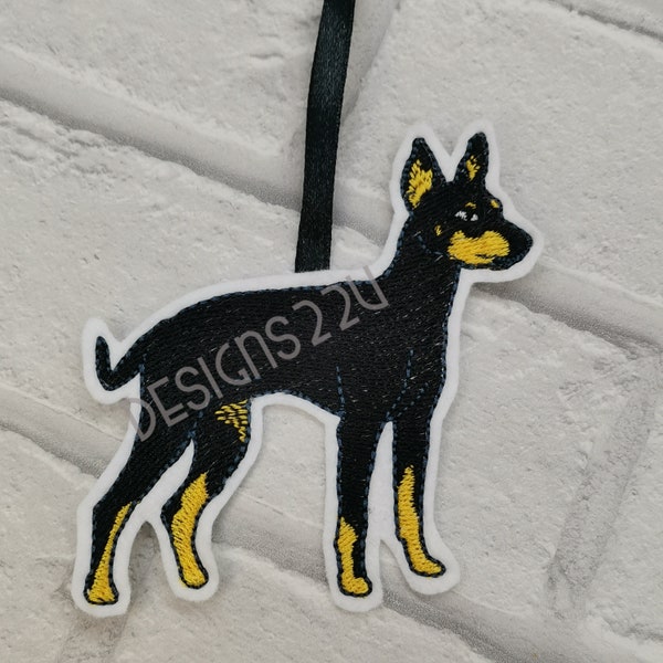 Anglais Toy Terrier Dog ITH Ornament Digitized Machine Embroidery Design 2 versions ideal hanging ornament, tree decoration home décor 4x4