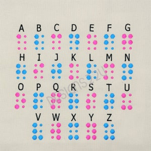 May include: A chart of the English alphabet in braille, with each letter represented by a pattern of raised dots. The dots are in two colors, pink and blue.