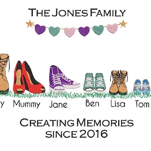 May include: The Jones Family, creating memories since 2016. A line of shoes representing each family member, including boots, heels, sneakers, and baby shoes.