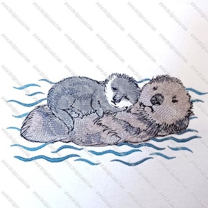 5x7 Mother & baby otter sketch raw edge applique light density fill Digitized Machine Embroidery Design Great gift frames, cushion, apron