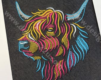 Neon Colour Highland Cow head light density Digitised Machine Embroidery Design fits 5x7 inch hoop Digital Download Bright Rainbow