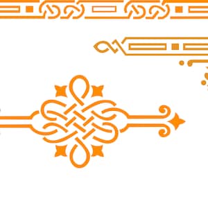 Può includere: Tre elementi decorativi di design arancioni. L'elemento superiore è un bordo orizzontale con un motivo ripetitivo. L'elemento centrale è un design orizzontale con un motivo ripetitivo. L'elemento inferiore è un design d'angolo con un motivo ripetitivo.