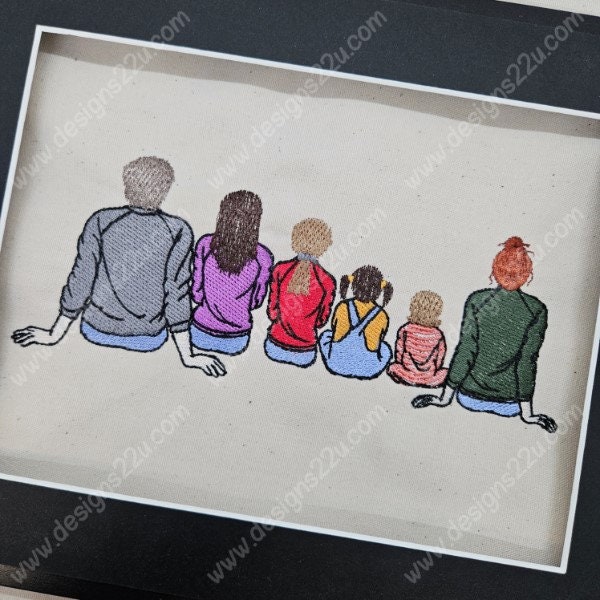 Smaller size for 8x8 hoop Sitting Family Backs Mix'n'Match Digitized Machine Embroidery Design Mum Dad Children Ideal Gift Present add names