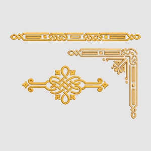 May include: A set of three gold decorative borders with intricate designs. The borders are made of a repeating pattern of knots and swirls.