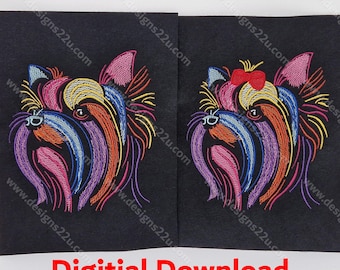 Neon coloured Yorkie dog head light density Digitised Machine Embroidery Design fits 5x7 inch hoop Digital Download with and without bow