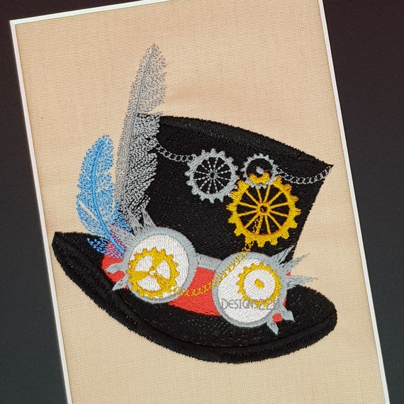 Steampunk Goggles Hat Digitized Machine Embroidery Design Digital Download Victoriana HG Wells riding top hat clock cogs feathers chain 8x8
