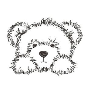 May include: A black and white line drawing of a fluffy dog with its paws in the air. The dog has a small black nose and two black eyes.