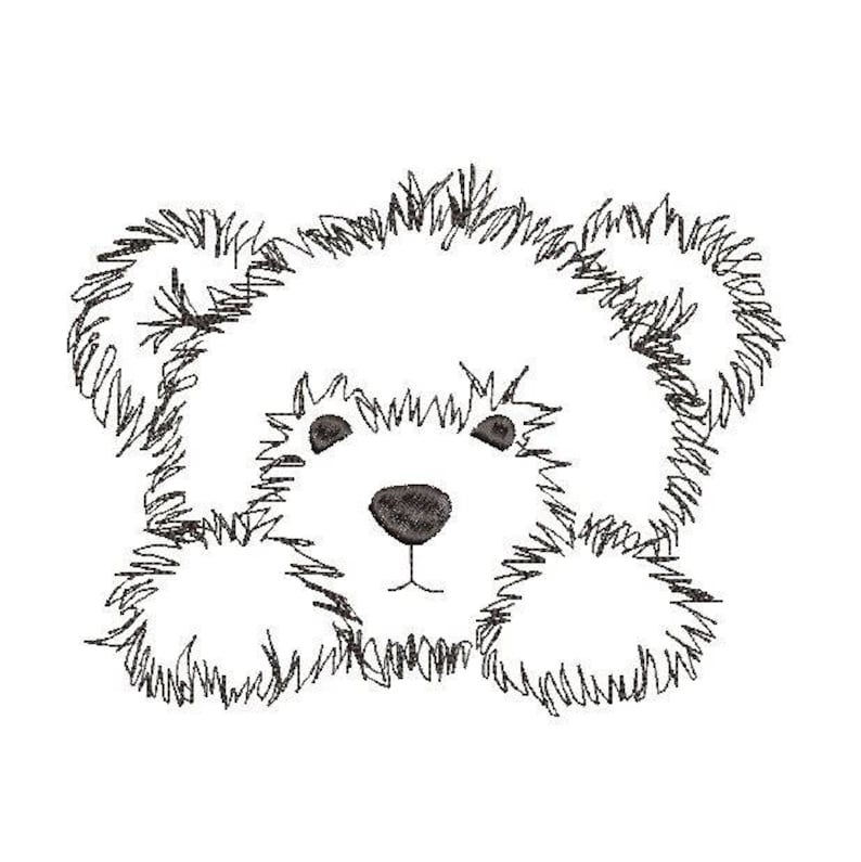 May include: A black and white line drawing of a fluffy dog with its paws in the air. The dog has a small black nose and two black eyes.