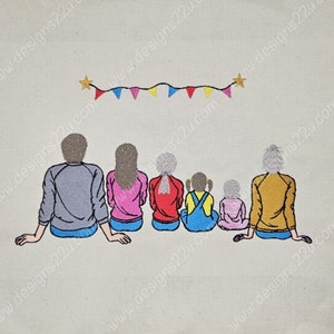 Sitting Family Backs Mix'n'Match Digitized Machine Embroidery Design Mum Dad Children, Ideal Gift Present now includes bald dad personalise