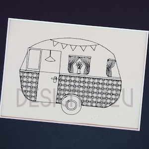 May include: Black and white line drawing of a caravan with a patterned exterior, a window with curtains, and a door. The caravan has a bunting strung across the top.