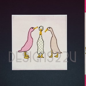 Runner Duck Trio Raw Edge Digitized Machine Embroidery Design 3 poses 4x4 hoop quick design ideal for cards pictures low stitch count