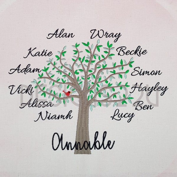 Family Tree Digitized Machine Embroidery Design fully embroidered with bird on branch, for family name christian names, no wording 6x8 hoop