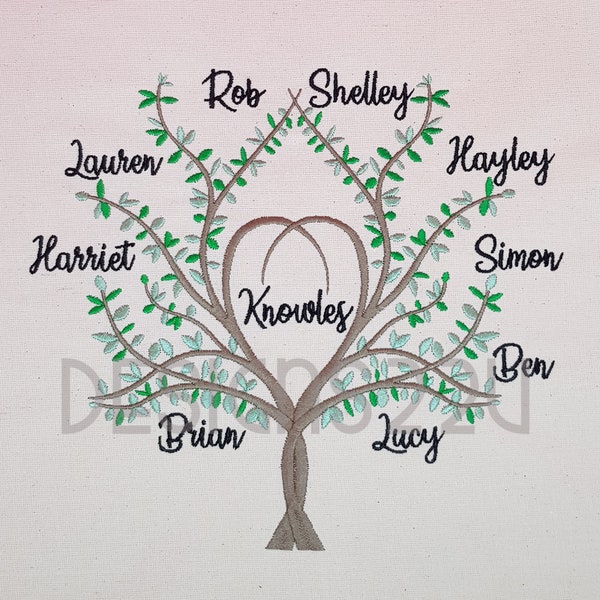 Heart Family Tree Digitized Machine Embroidery Design fully embroidered with heart shaped centre, for family name, no wording 8x10 hoop
