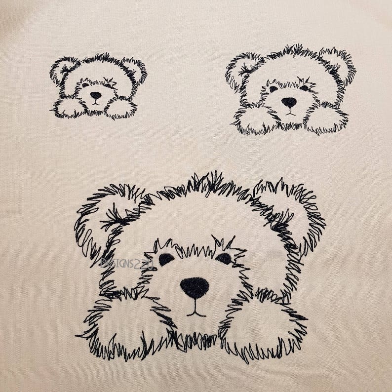 May include: A black and white line drawing of three fluffy teddy bears. The bears are drawn in a simple, cartoon style. The bears are all looking to the right.