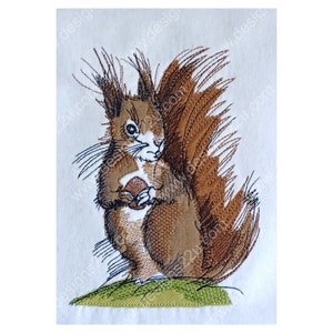 May include: Embroidered image of a brown squirrel holding a nut in its paws. The squirrel has a bushy tail and is standing on a green patch of grass.
