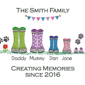 Könnte beinhalten: Gestickte Darstellung einer Familie mit dem Text "The Smith Family Creating Memories Since 2016". Die Familie wird durch vier Paar Gummistiefel in verschiedenen Farben und Mustern dargestellt. Auf jeder Seite der Stiefel befinden sich zwei Pfotenabdrücke.